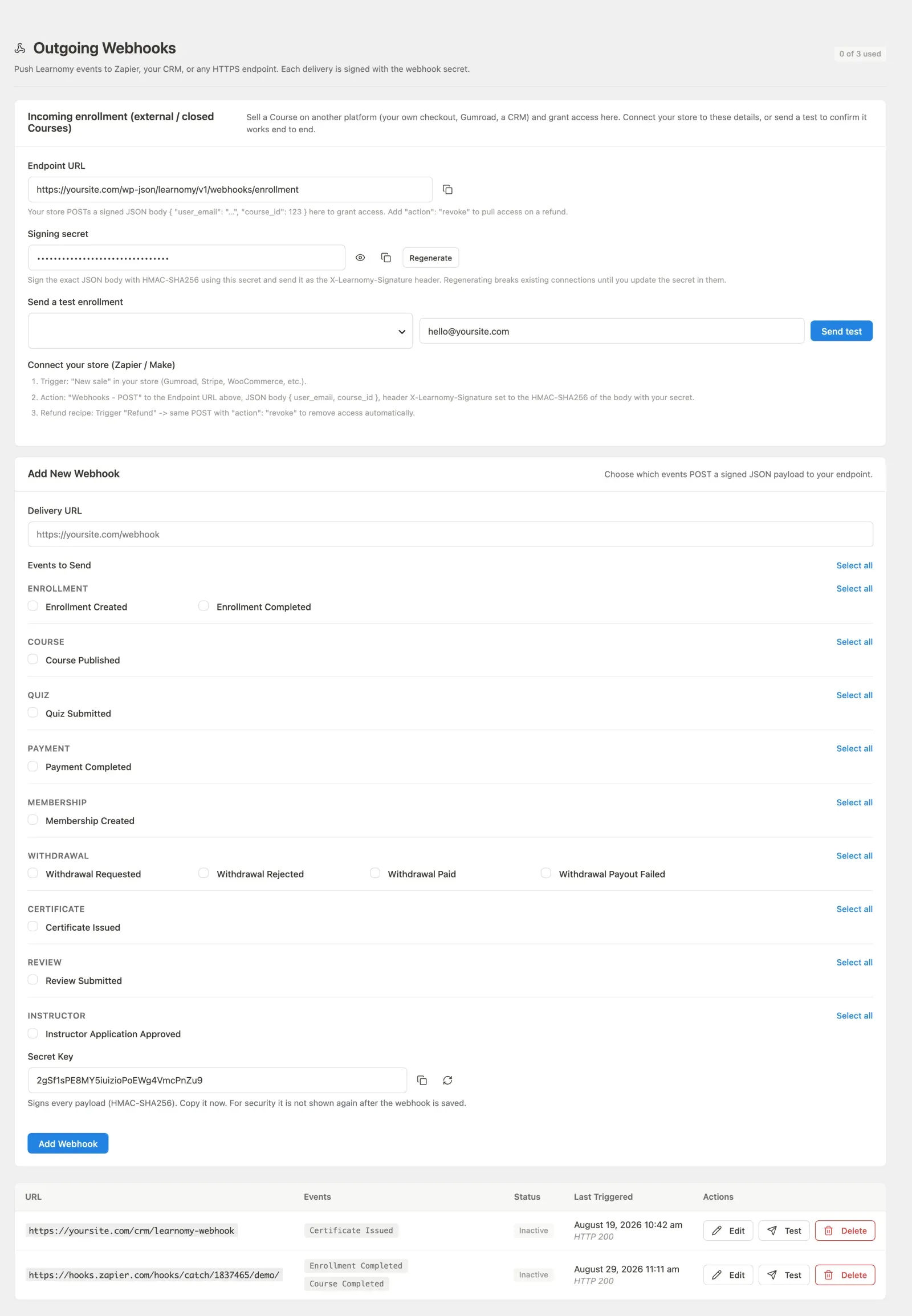 Learnomy outgoing webhooks