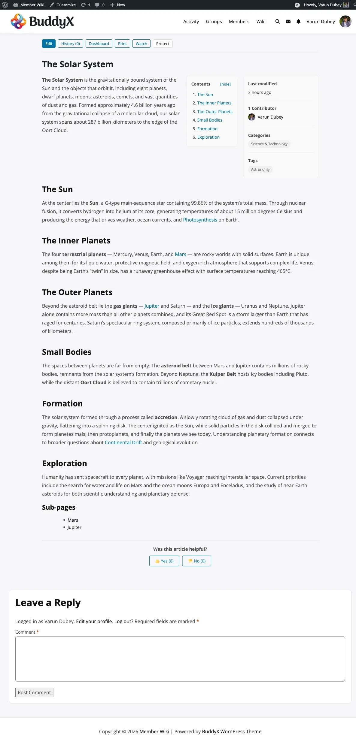 Wiki Page with Table of Contents