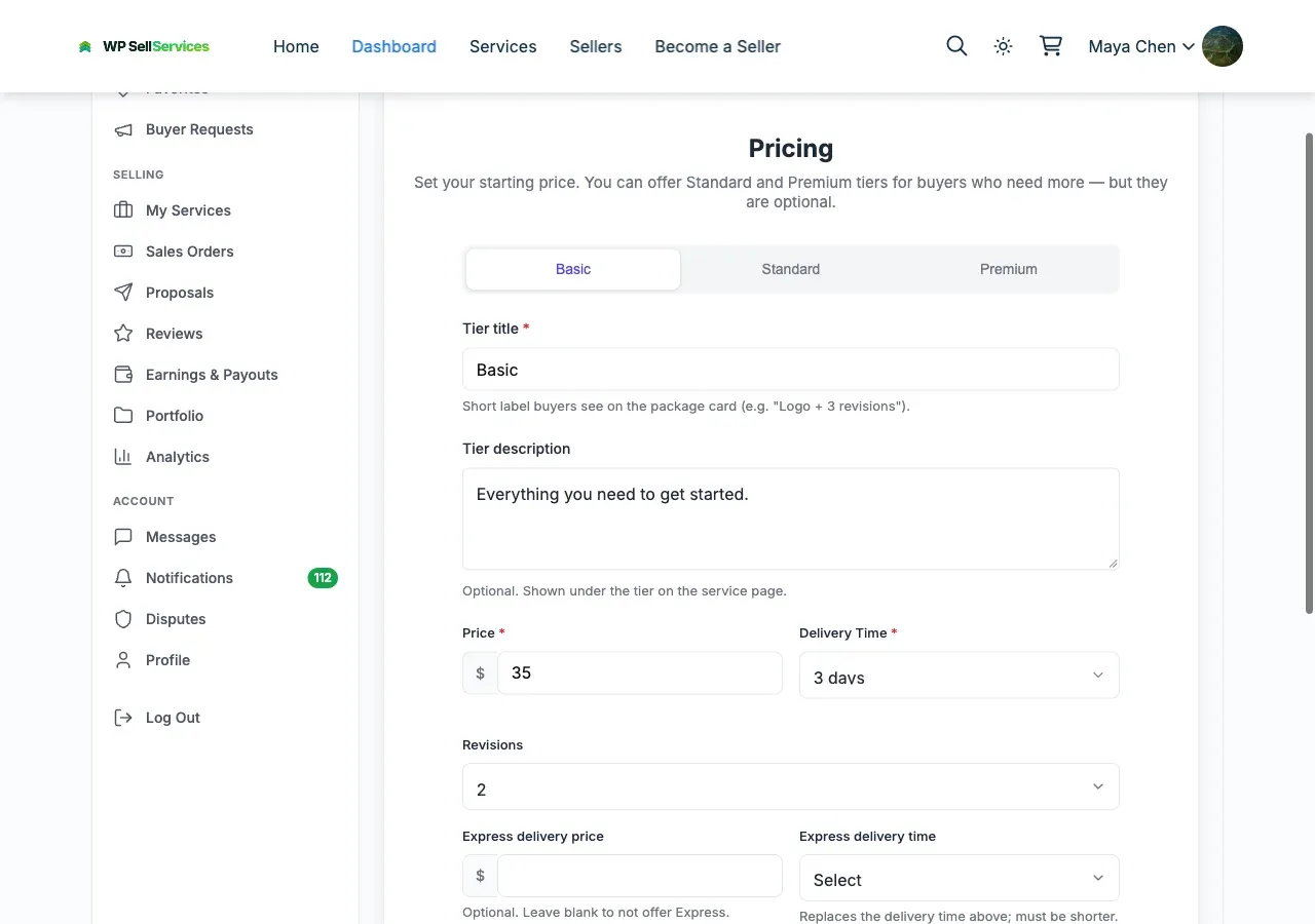 The Pricing step of the service wizard with the tier title and tier description fields