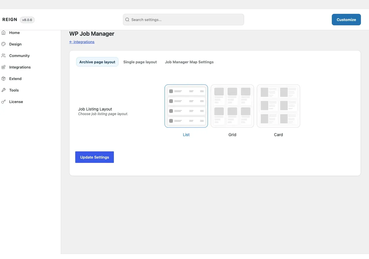 The WP Job Manager tab in Reign Settings, with its three layout sub-tabs