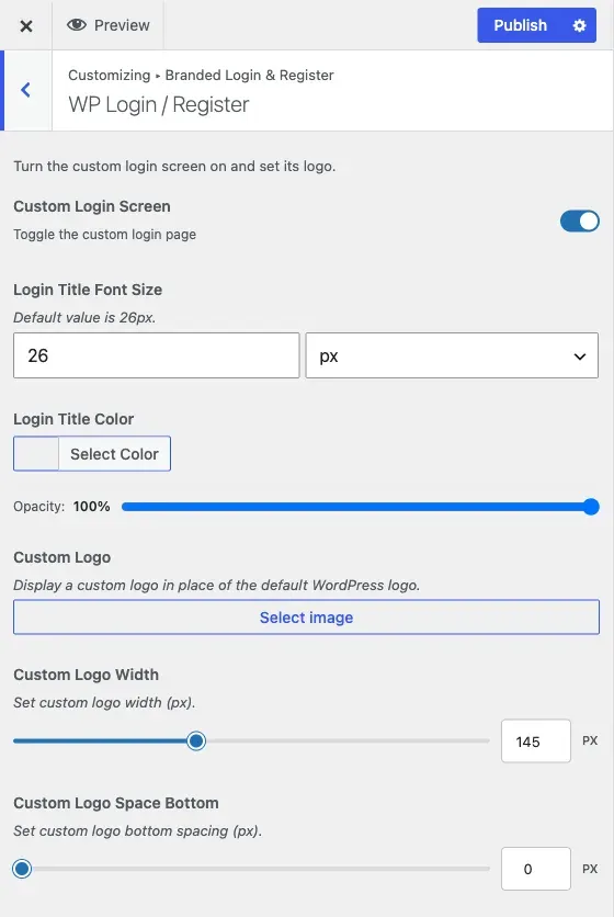 The WP Login / Register section of the Branded Login and Register panel