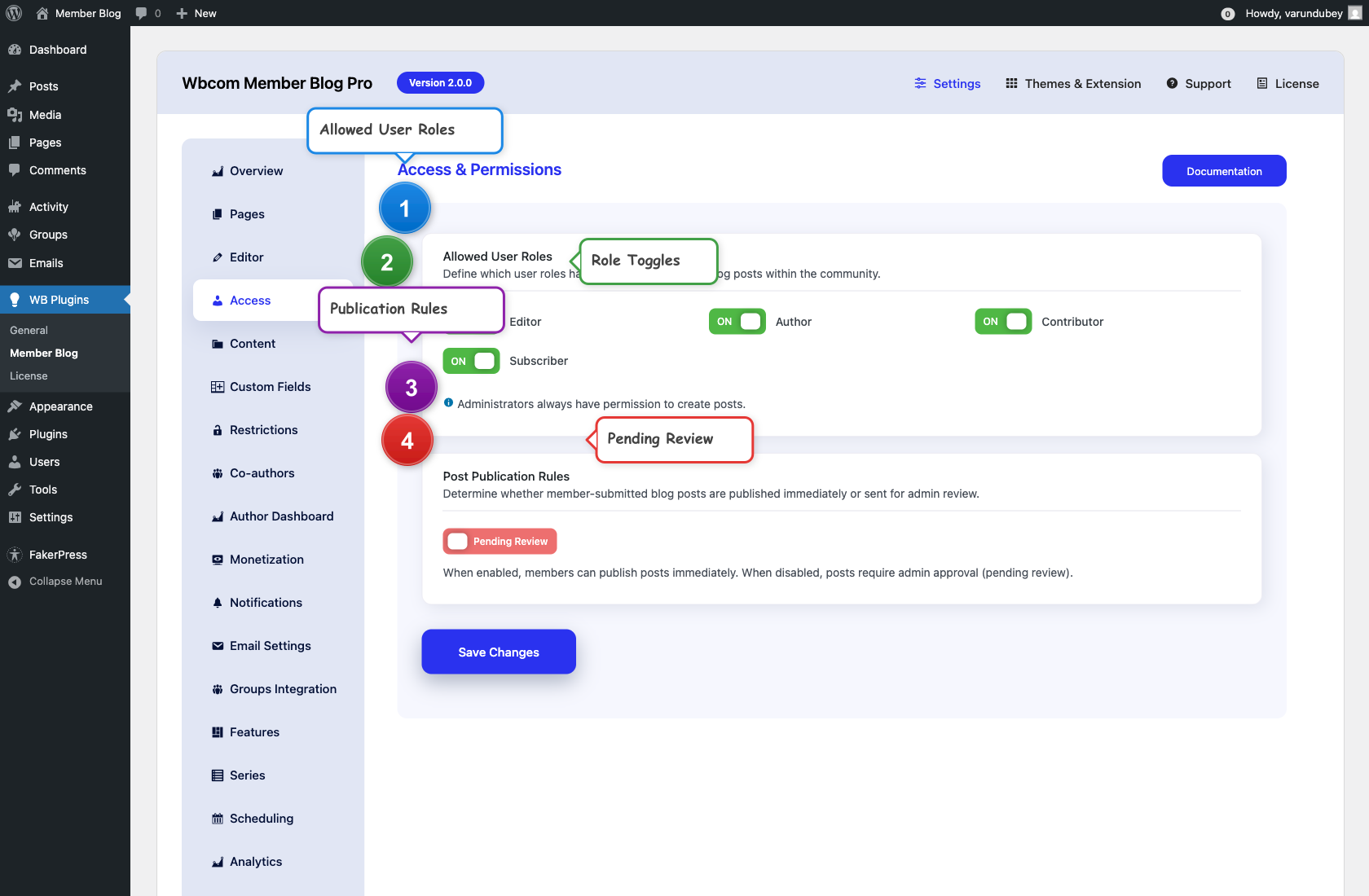 WB Member Blog admin access tab with annotations showing role and member type settings