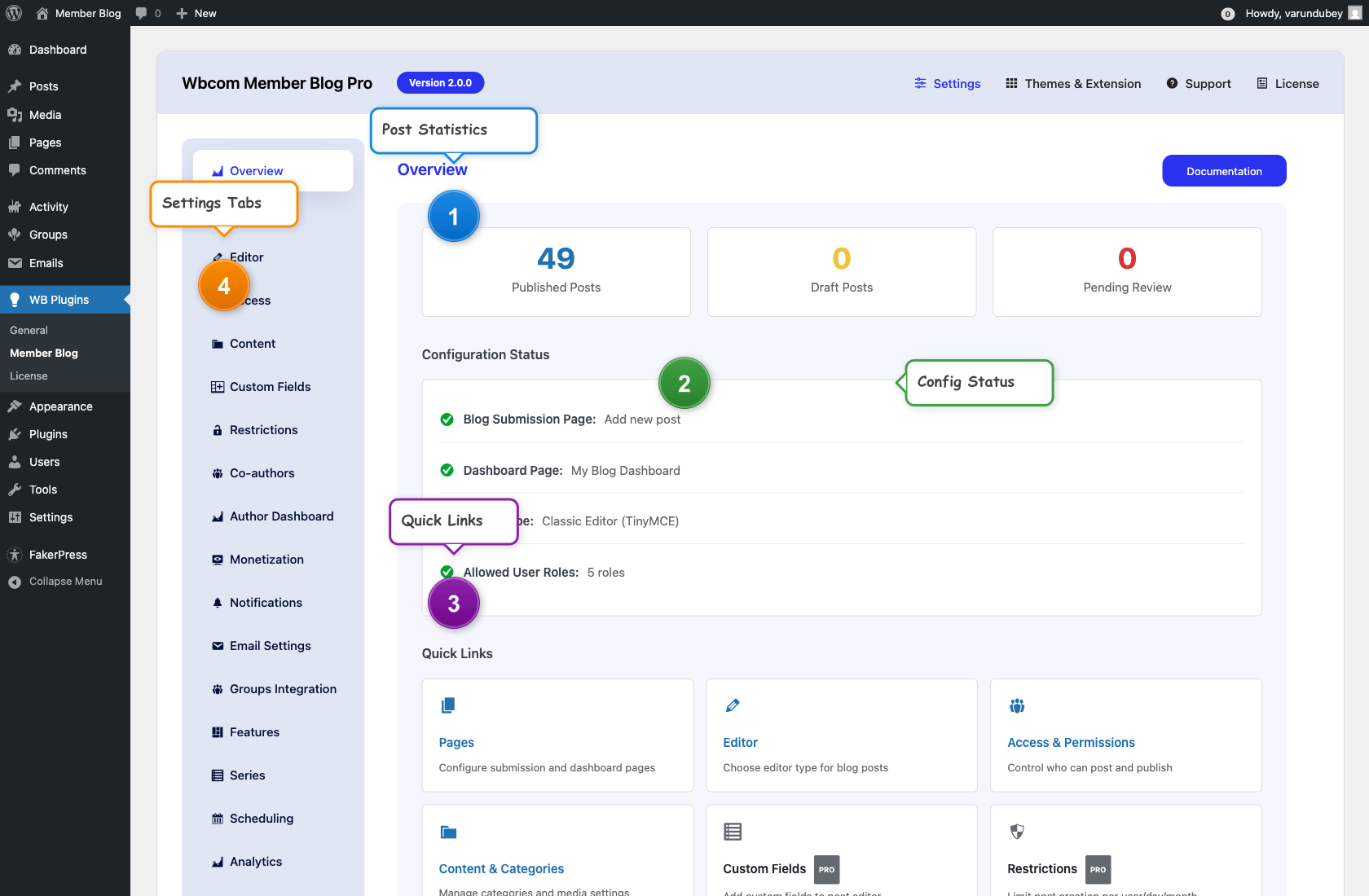 WB Member Blog admin overview tab with annotations showing key settings
