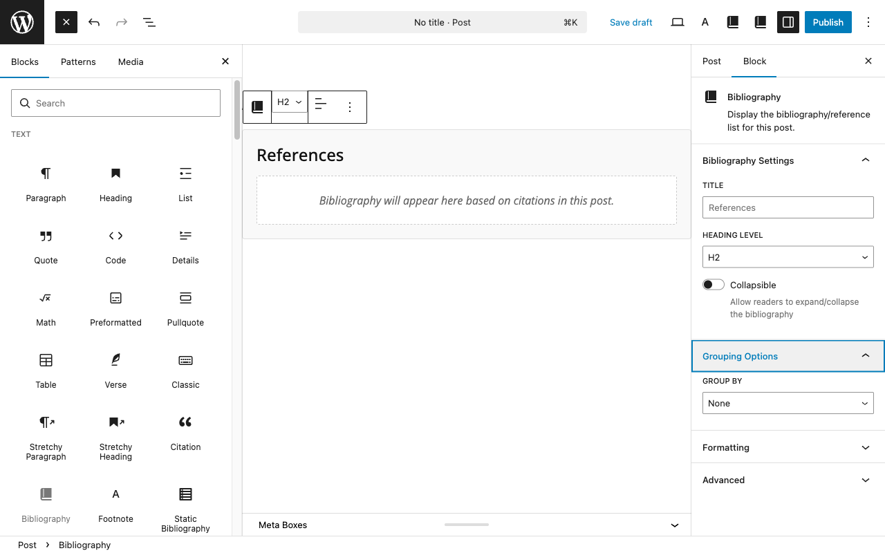 Bibliography Grouping Options