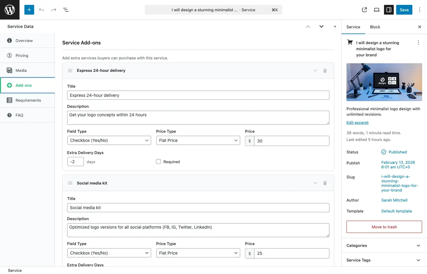 Admin addons metabox showing the list of service add-ons