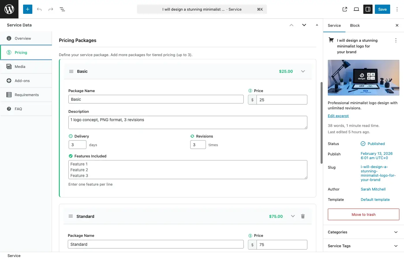 Admin packages metabox for configuring service packages