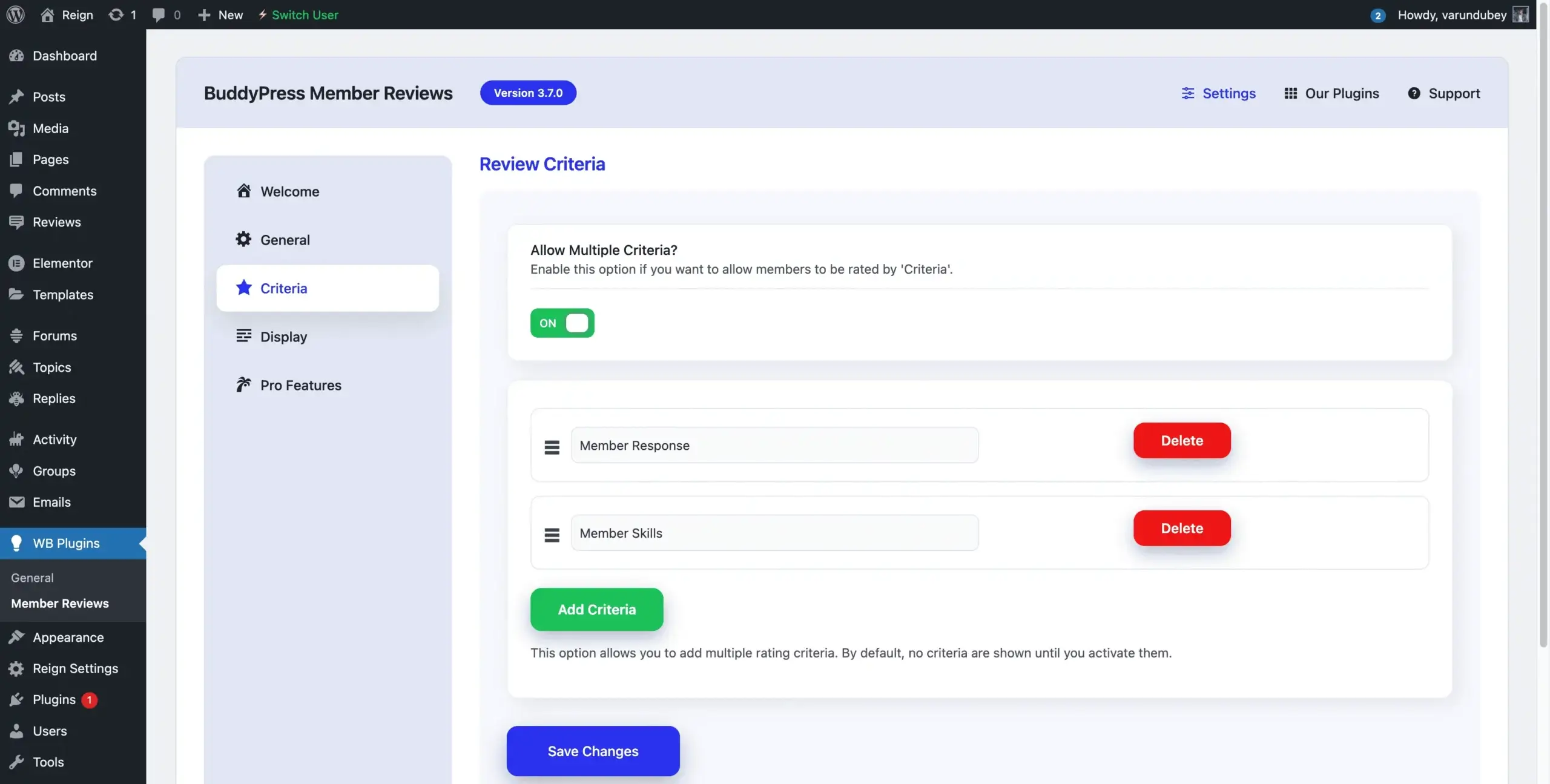 Admin criteria settings