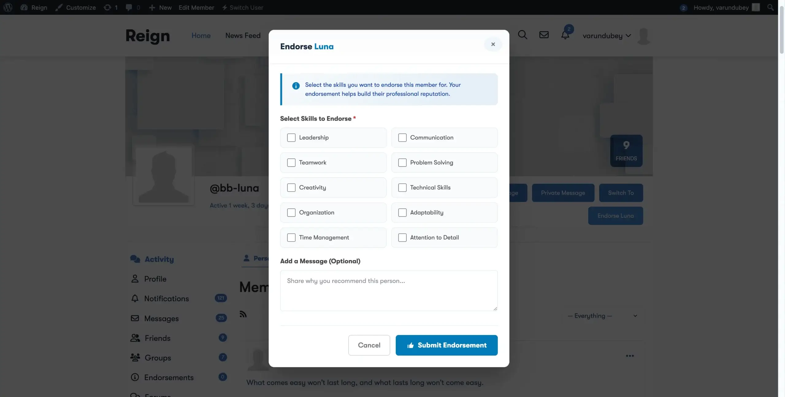Endorsement Modal with Skills