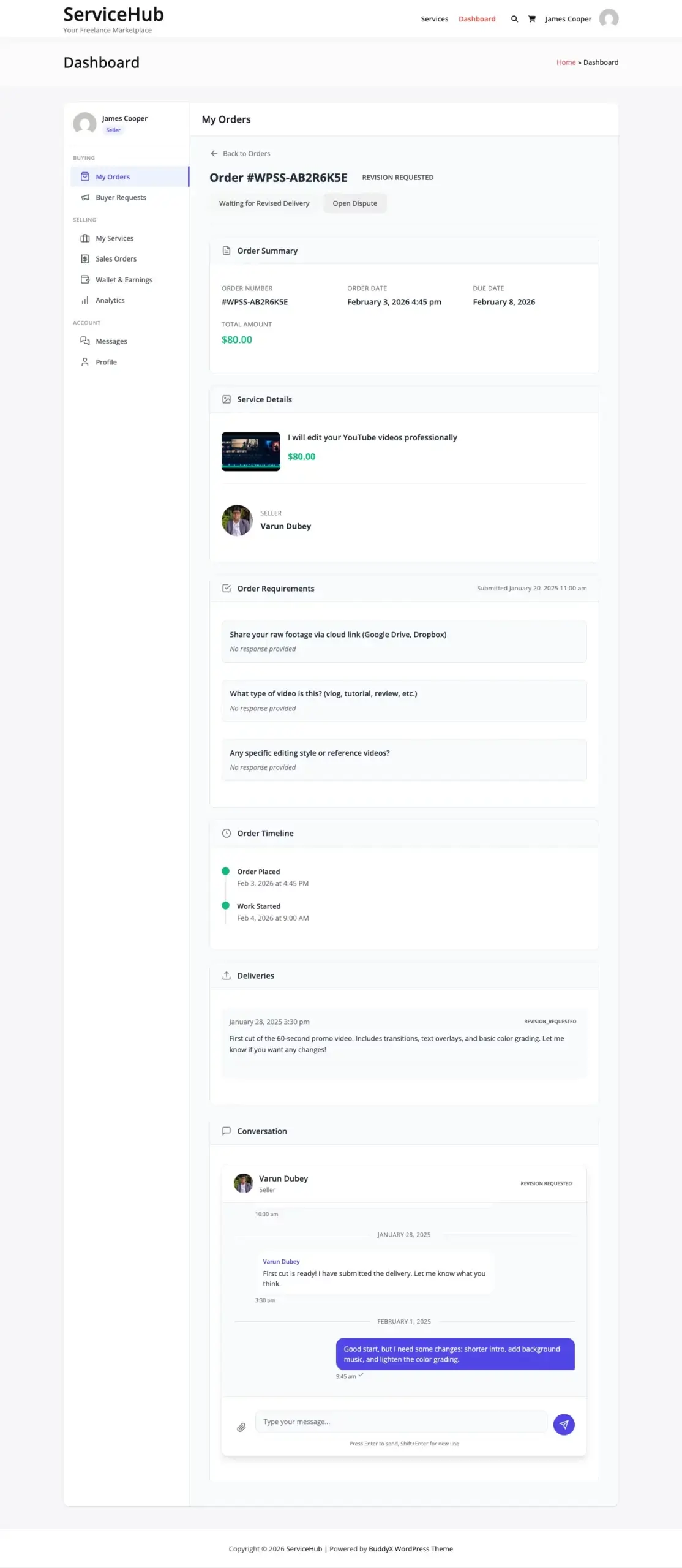 Order messaging interface