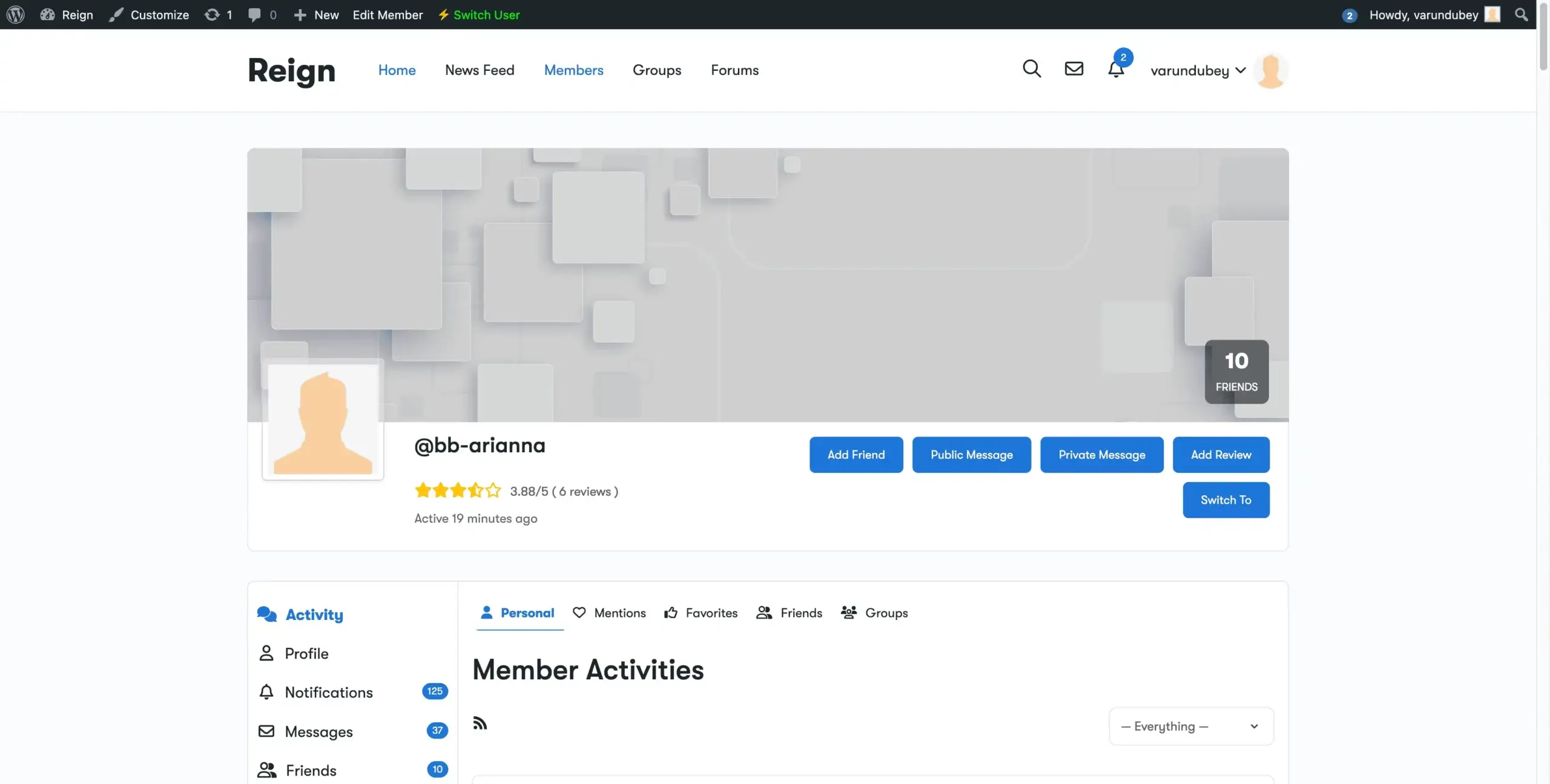 Profile header showing star rating
