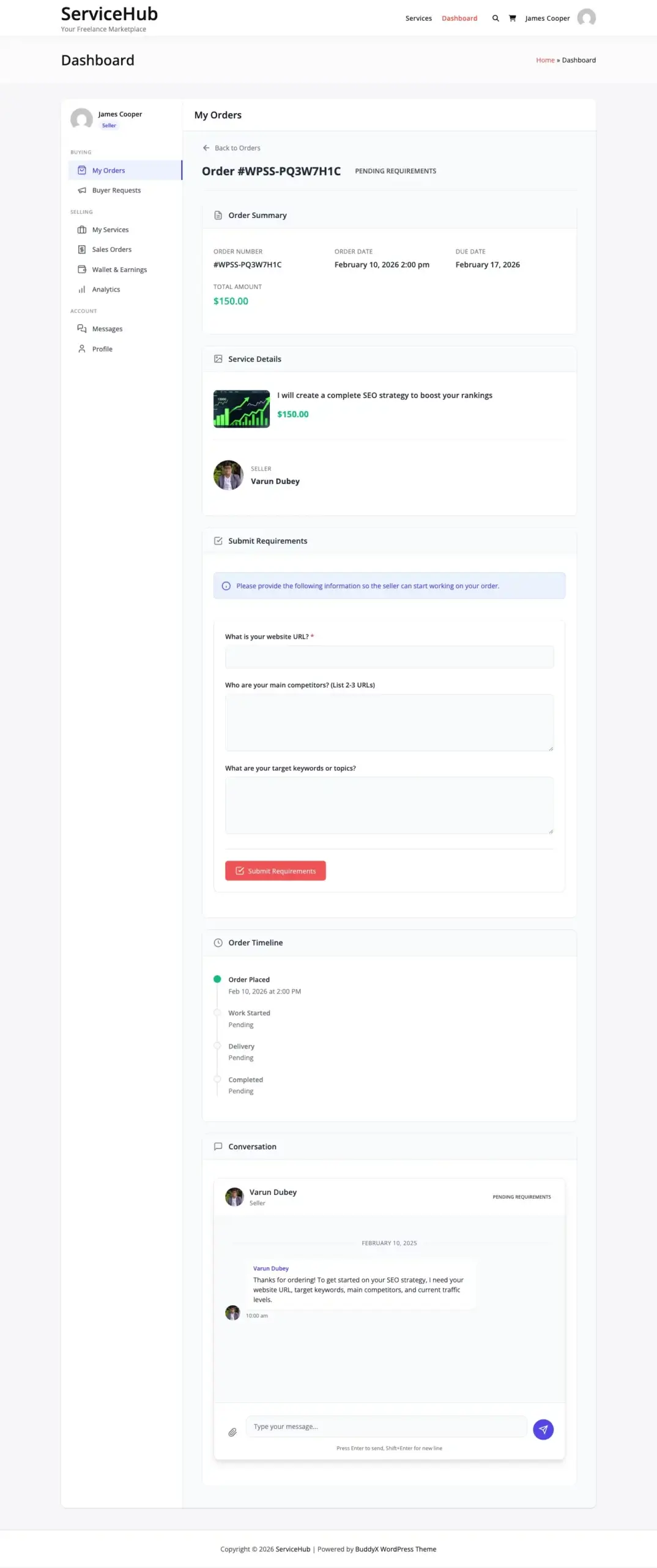 Requirements form fields displayed on the order page