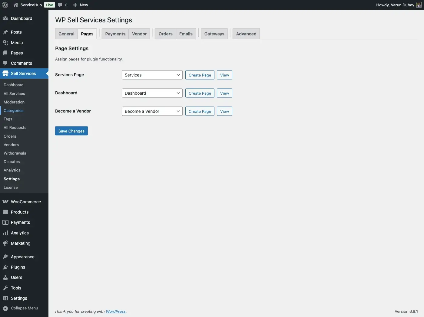 Pages settings screen