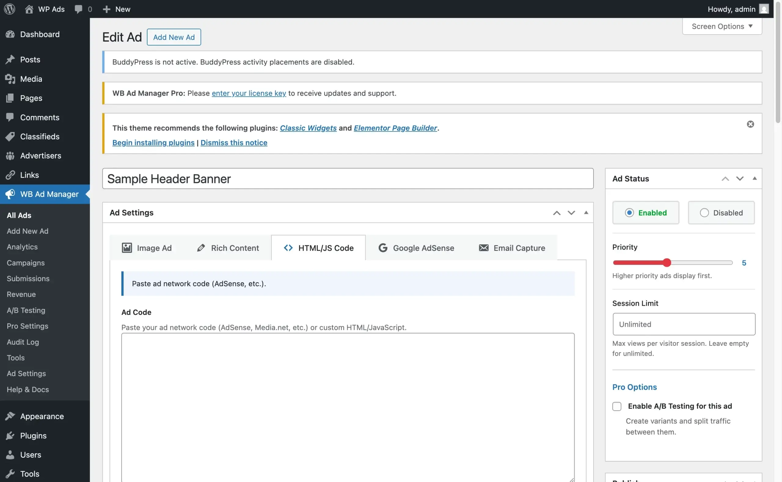 Code ad editor screen with HTML and JavaScript code input field
