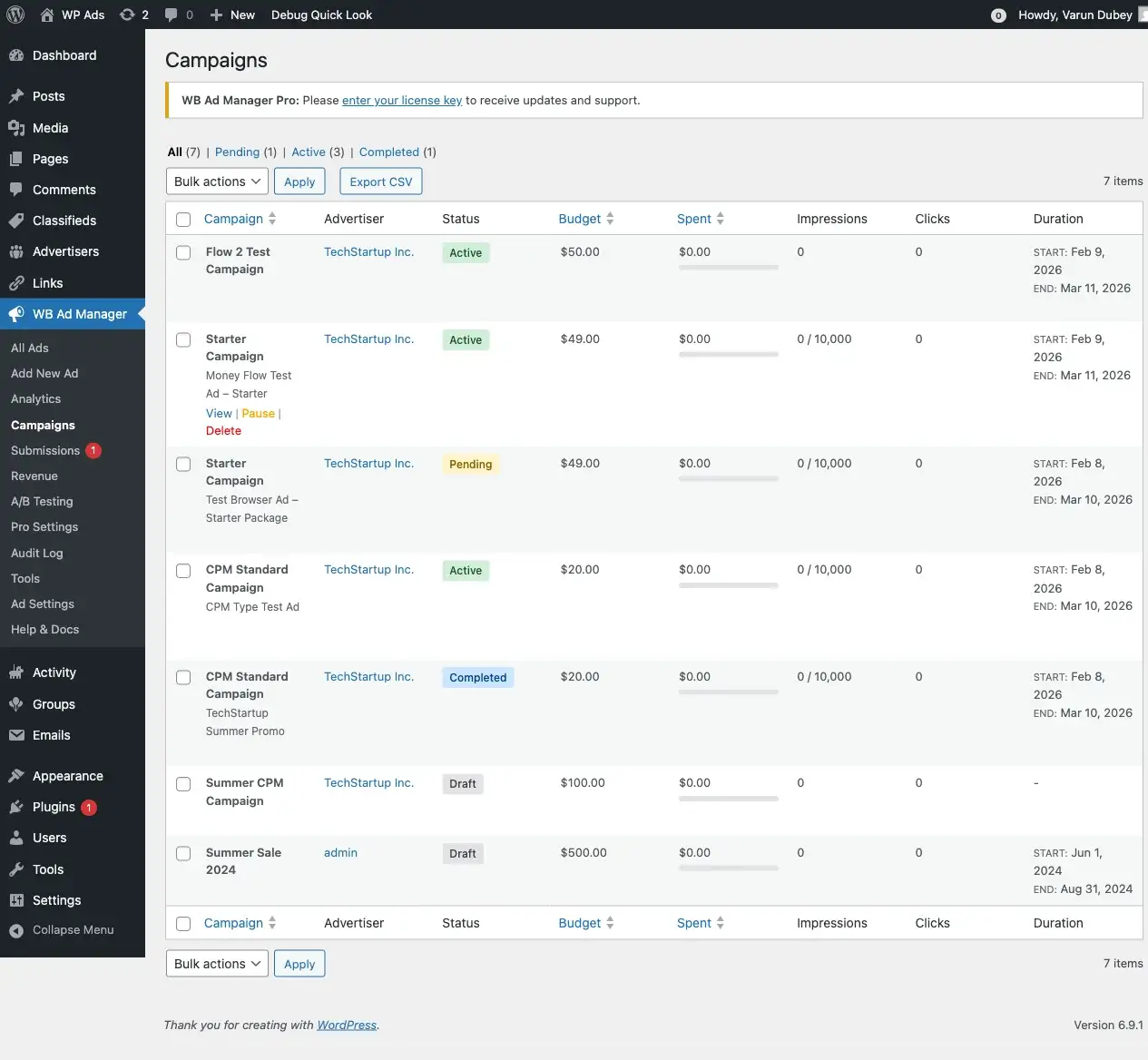 Campaigns list showing all campaigns with their status, budget, spent amount, and performance metrics