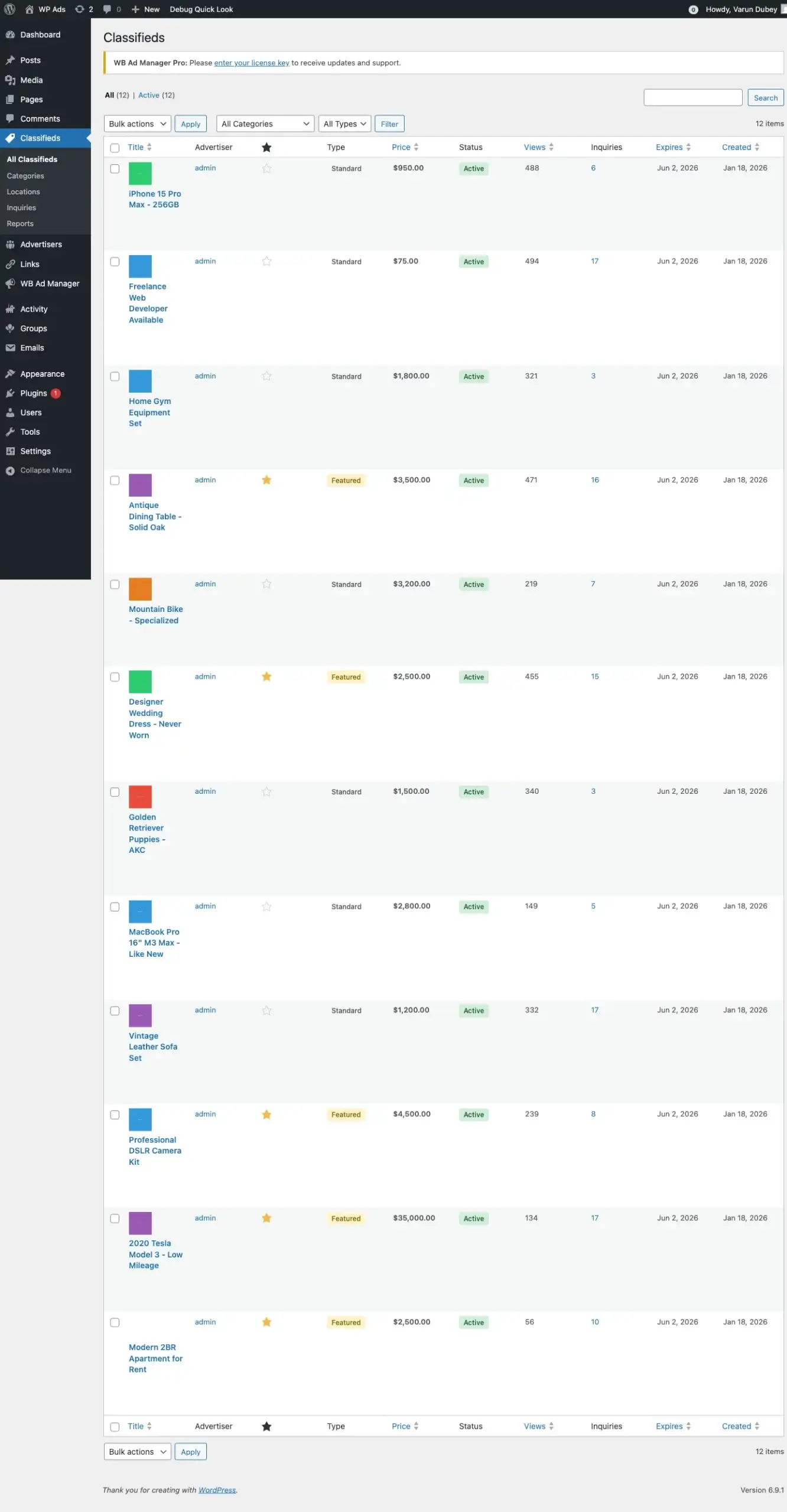 Admin classifieds list showing all submitted listings with status, seller, category, and date
