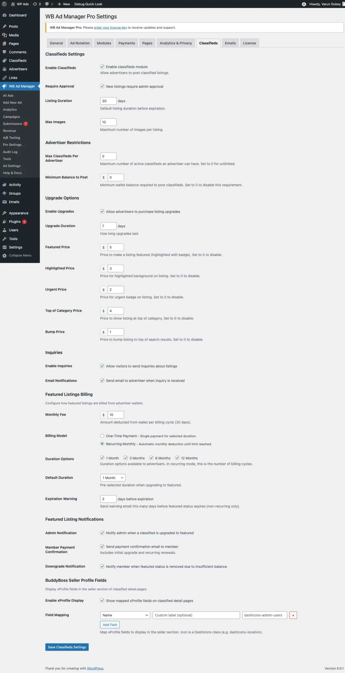 Classifieds settings page showing moderation, expiration, image limits, and contact form options