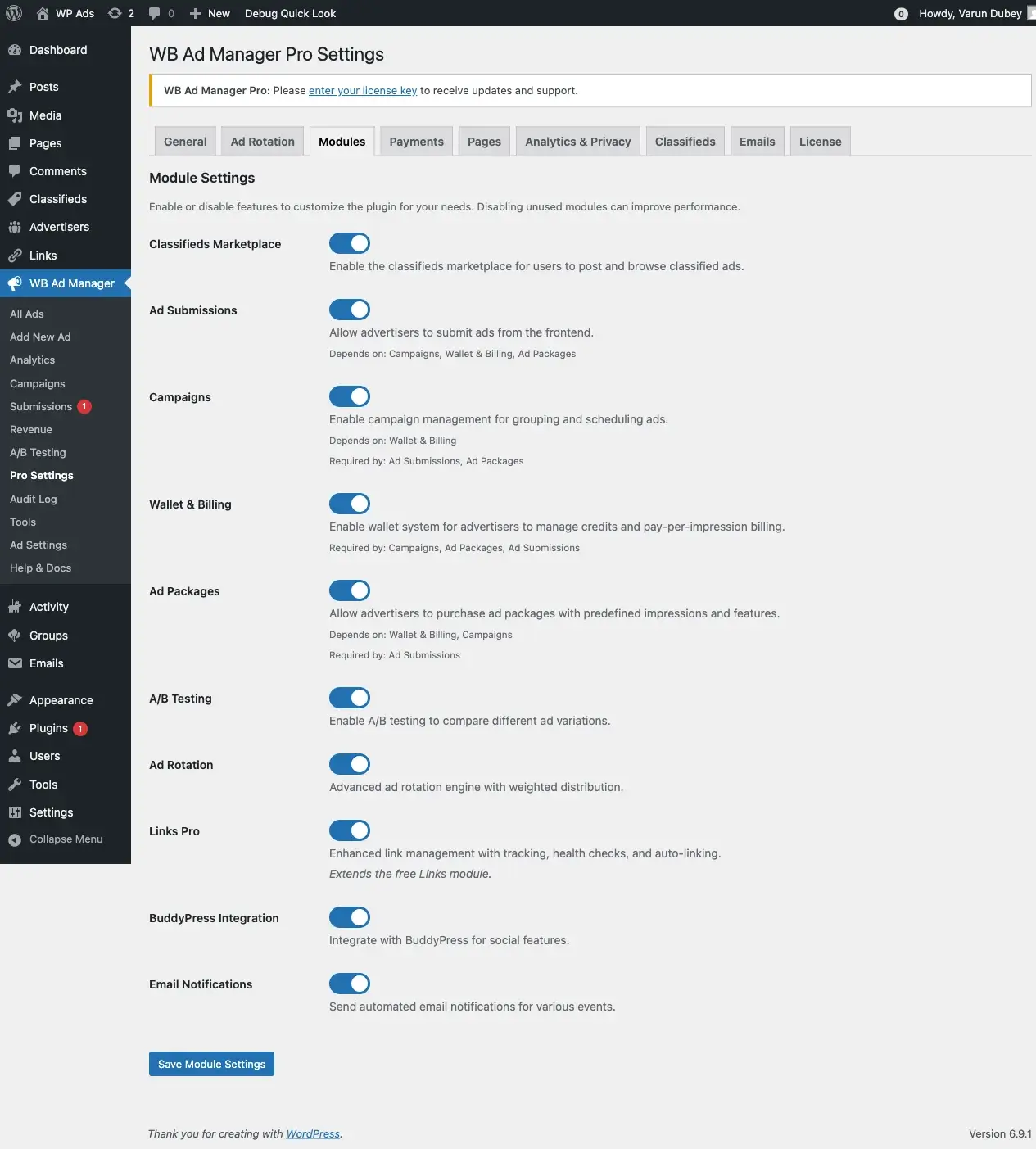 Pro Settings Modules page showing toggleable feature modules