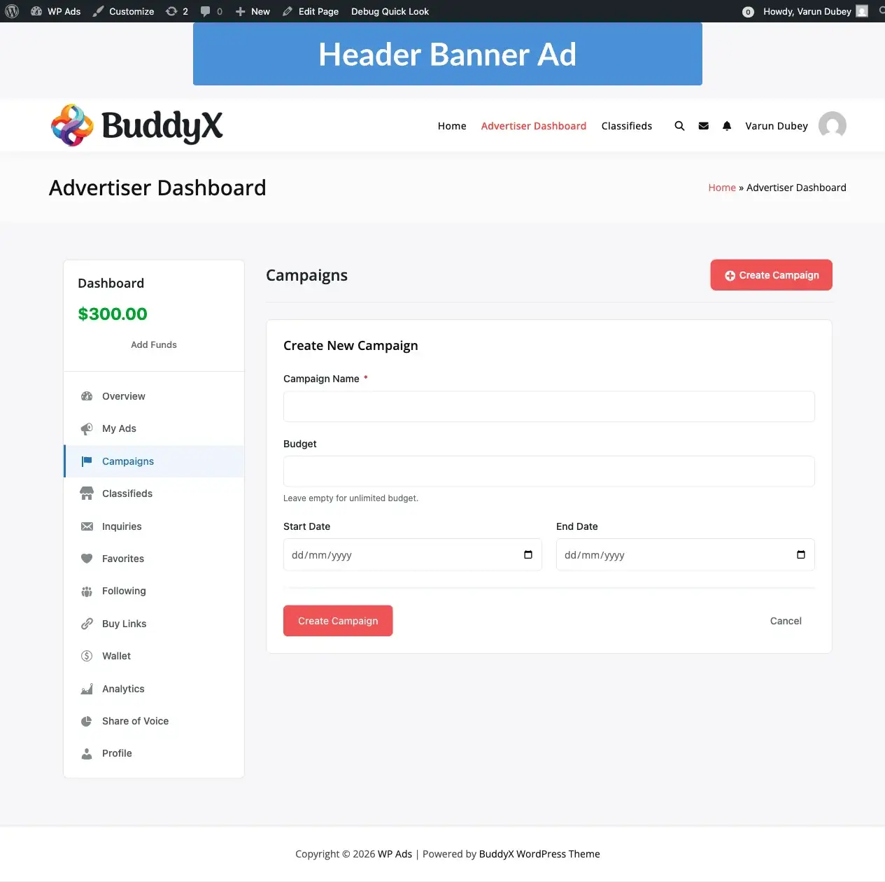 Campaign builder showing package selection, pricing model, budget, and schedule fields