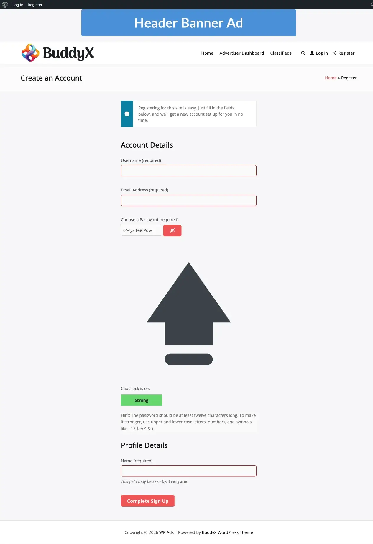 Advertiser registration form with fields for email, password, and display name
